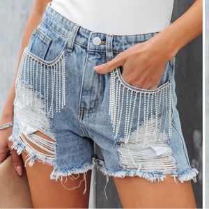 RHINESTONE COWGIRL DISTRESSED DENIM SHORTS - DENIM - SIZE MEDIUM